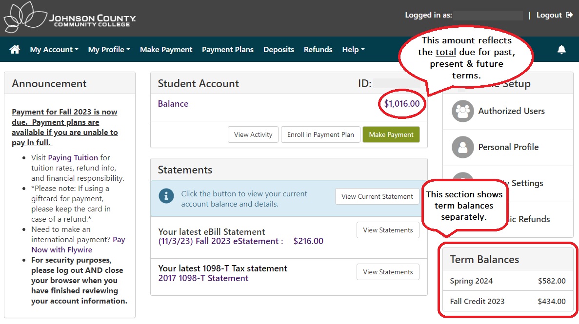 Screen shot of My Finances page showing balance due